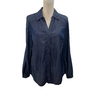 Charter Club Snap Close Chambray Shirt Women’s 12 Roll-Tab Sleeve Blue Preppy